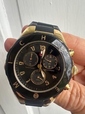 Michele Gold-Tone Stainless Steel Watch with Black Strap